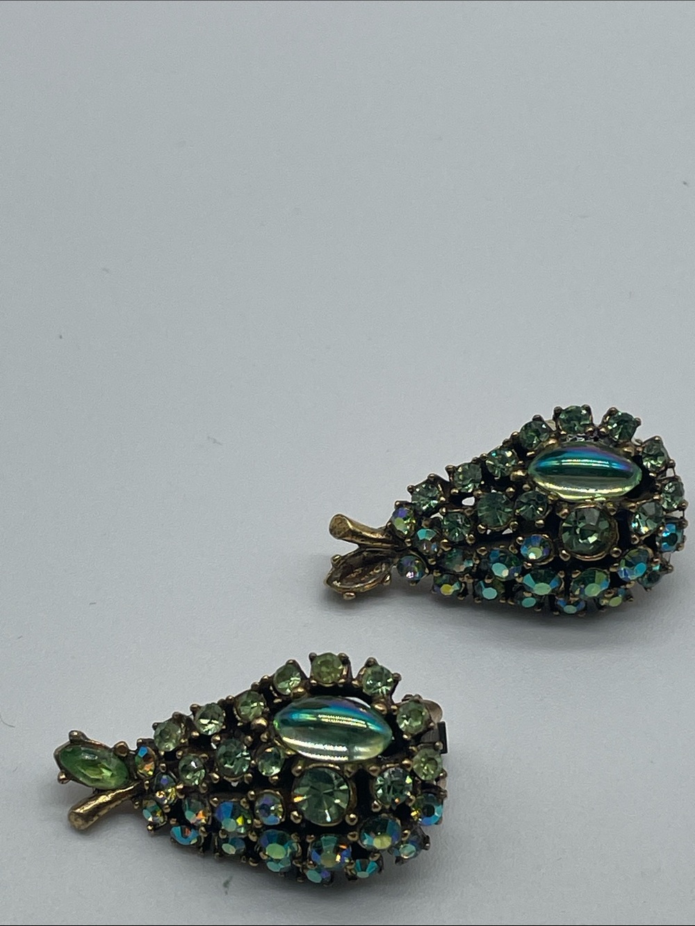 ART Vintage Green AB Crystal Pear Clip-On Earrings with Gold Tone Setting